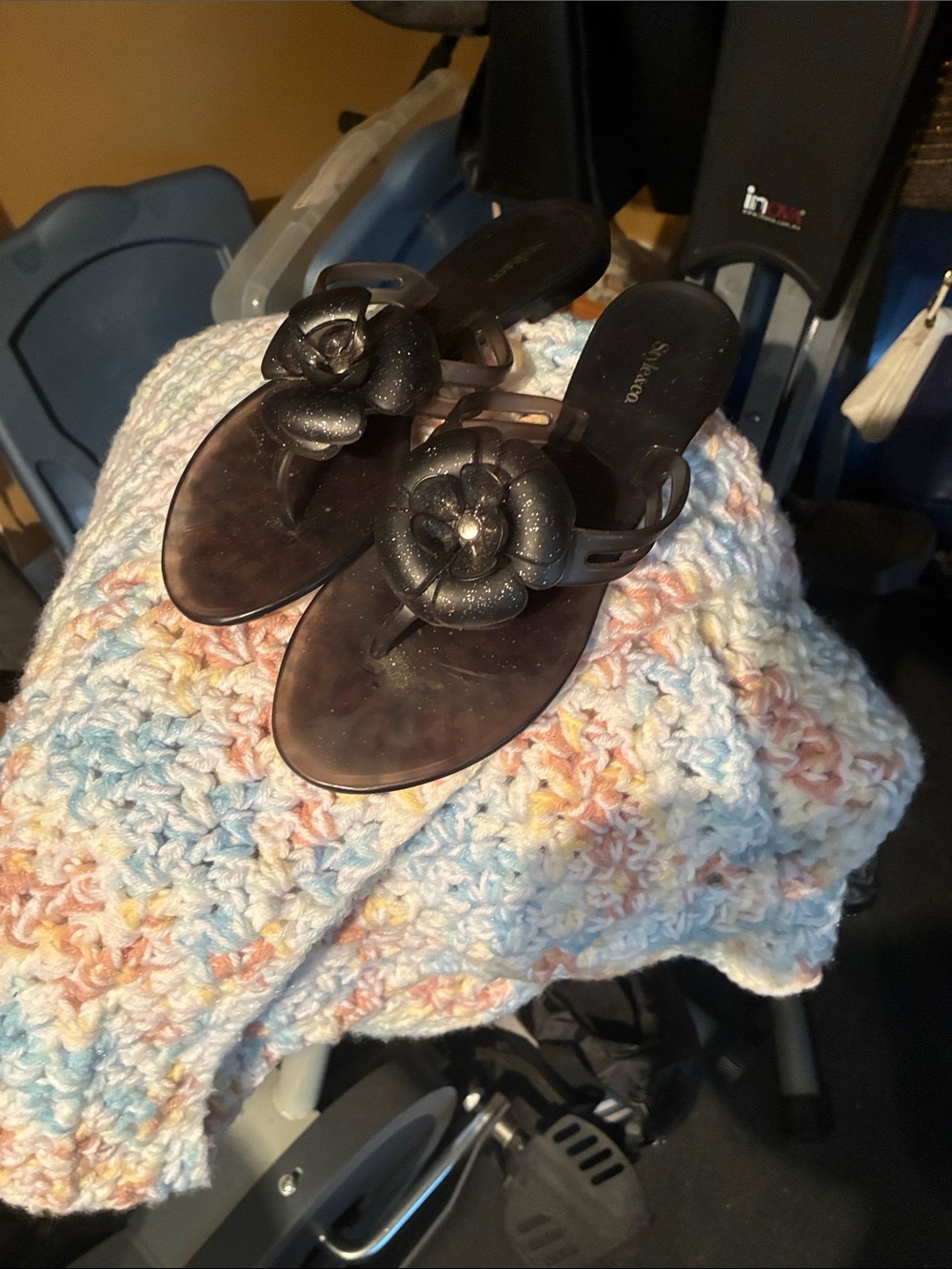 Style and Co Black Floral Jelly Thong Sandals - Size 6